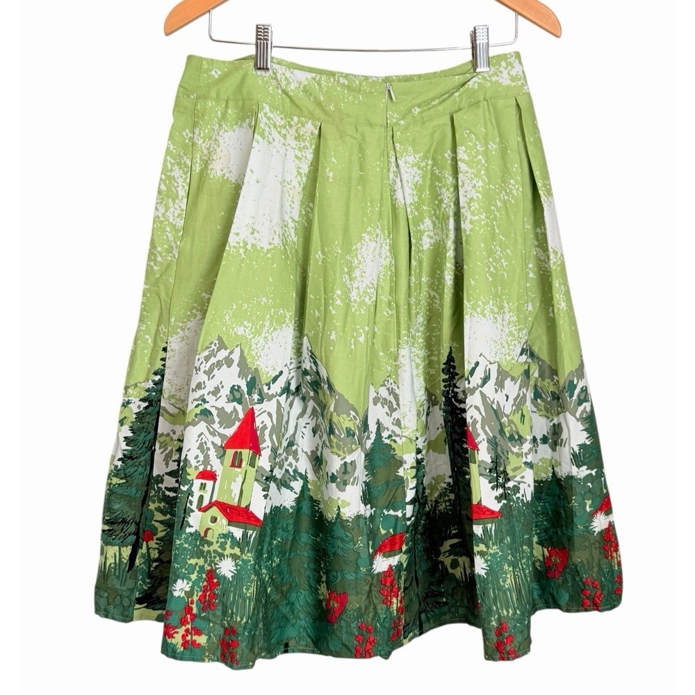 Alpine Village Scenic Pleated A-Line Skirt Womens Size L Green Holiday - Picture 4 of 10